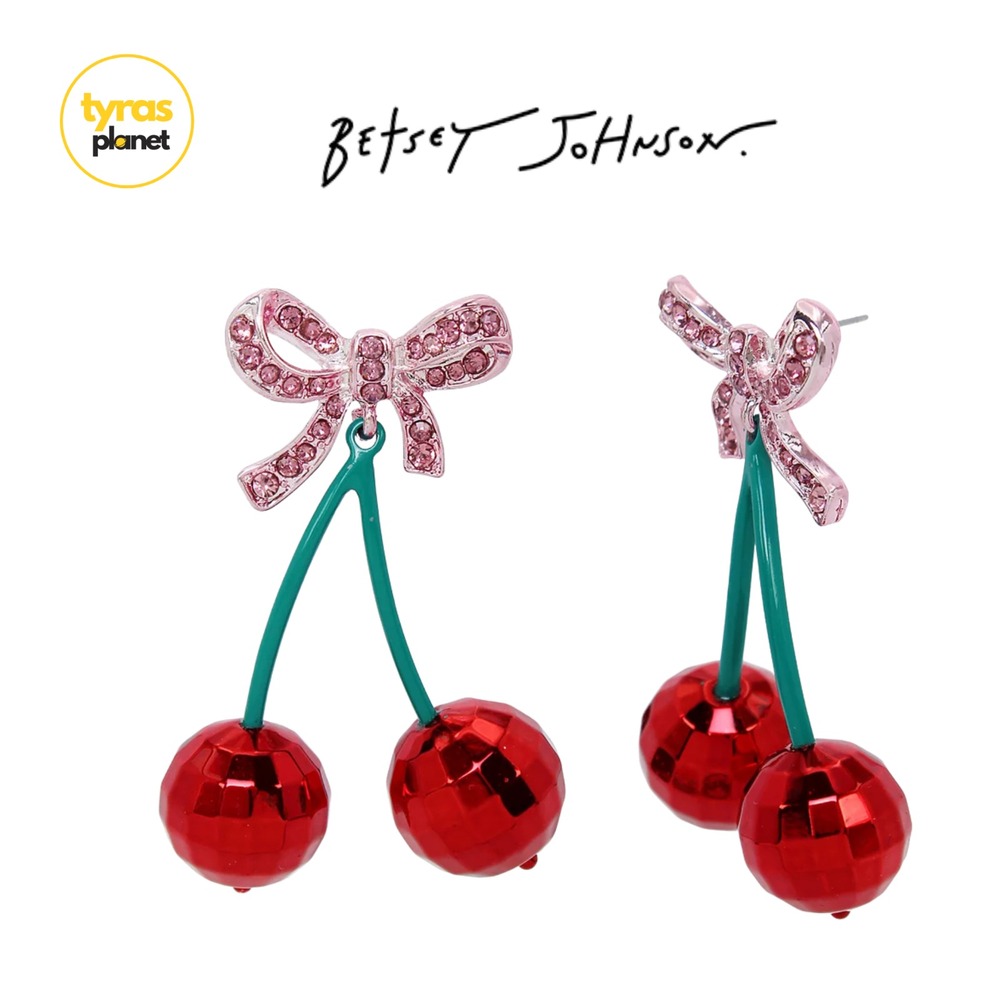 Betsey Johnson Pink Bow Red Cherry Drop Earrings Rhodium Post 507608RHO966 NWT